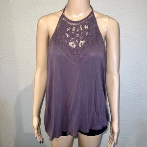 O’NEILL Women’s Plum Purple Low-Back Halter Top w/ Crochet Lace Detail
